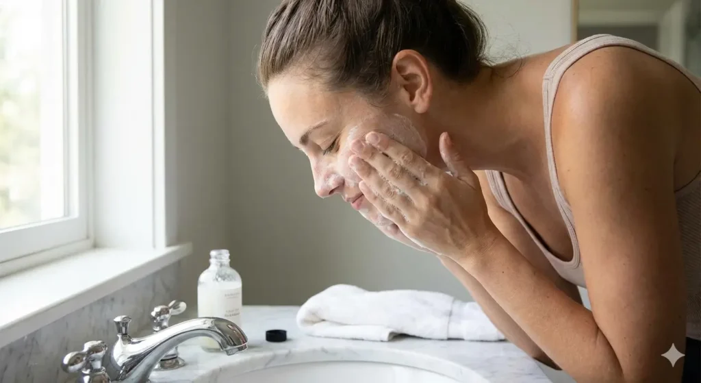 Woman Applying Gentle Face Cleanser In Morning Skincare Routine